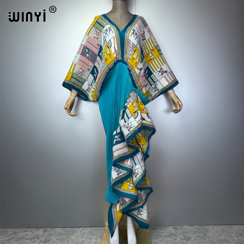 Cover Up Kaftan - WINYI Plissiertes Schmales High-Fork-Kleid für Damen,