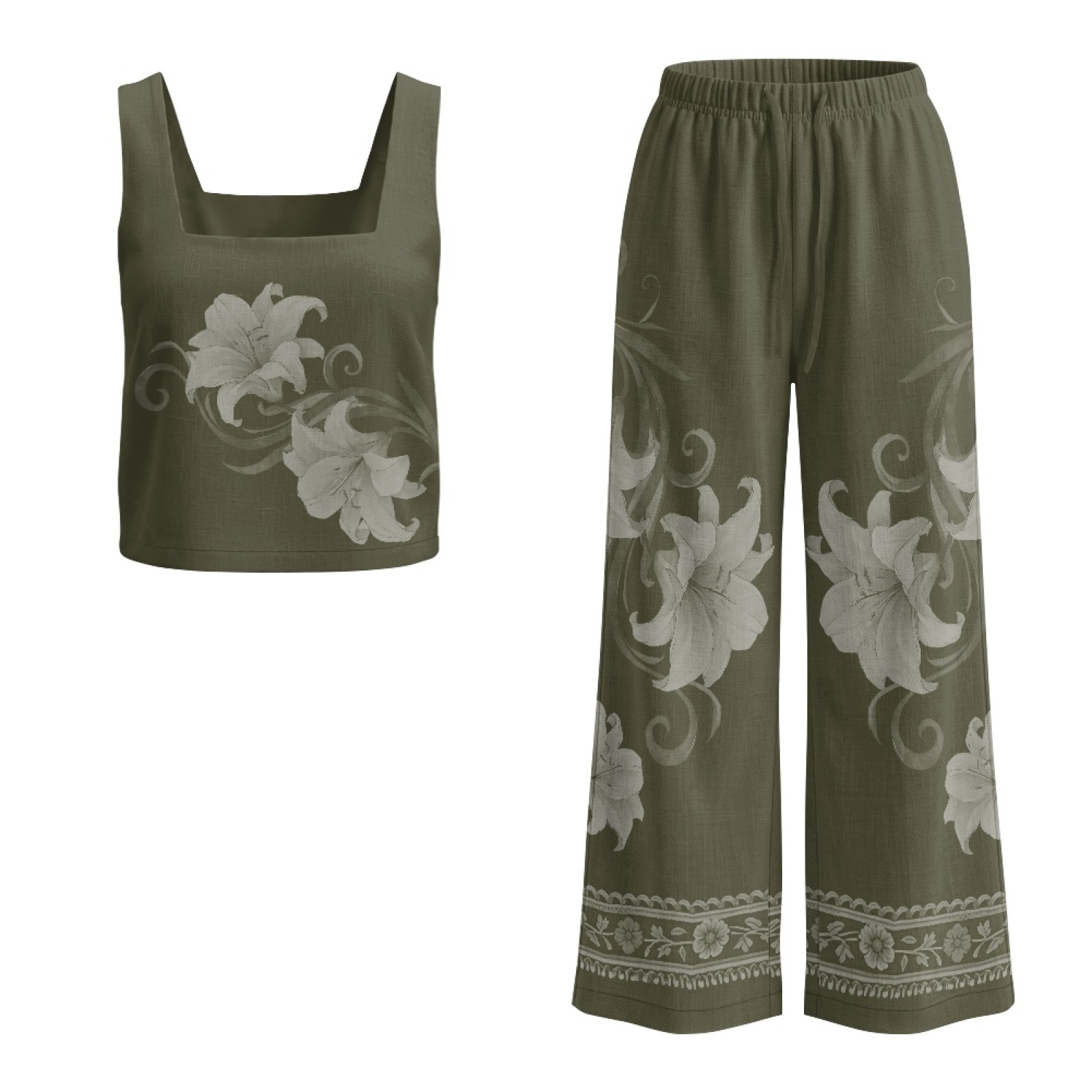 Linen Pant Wide - INSTANTARTS Damen-Leinenwesten-Set, Damen-Hose mit weitem Bein,