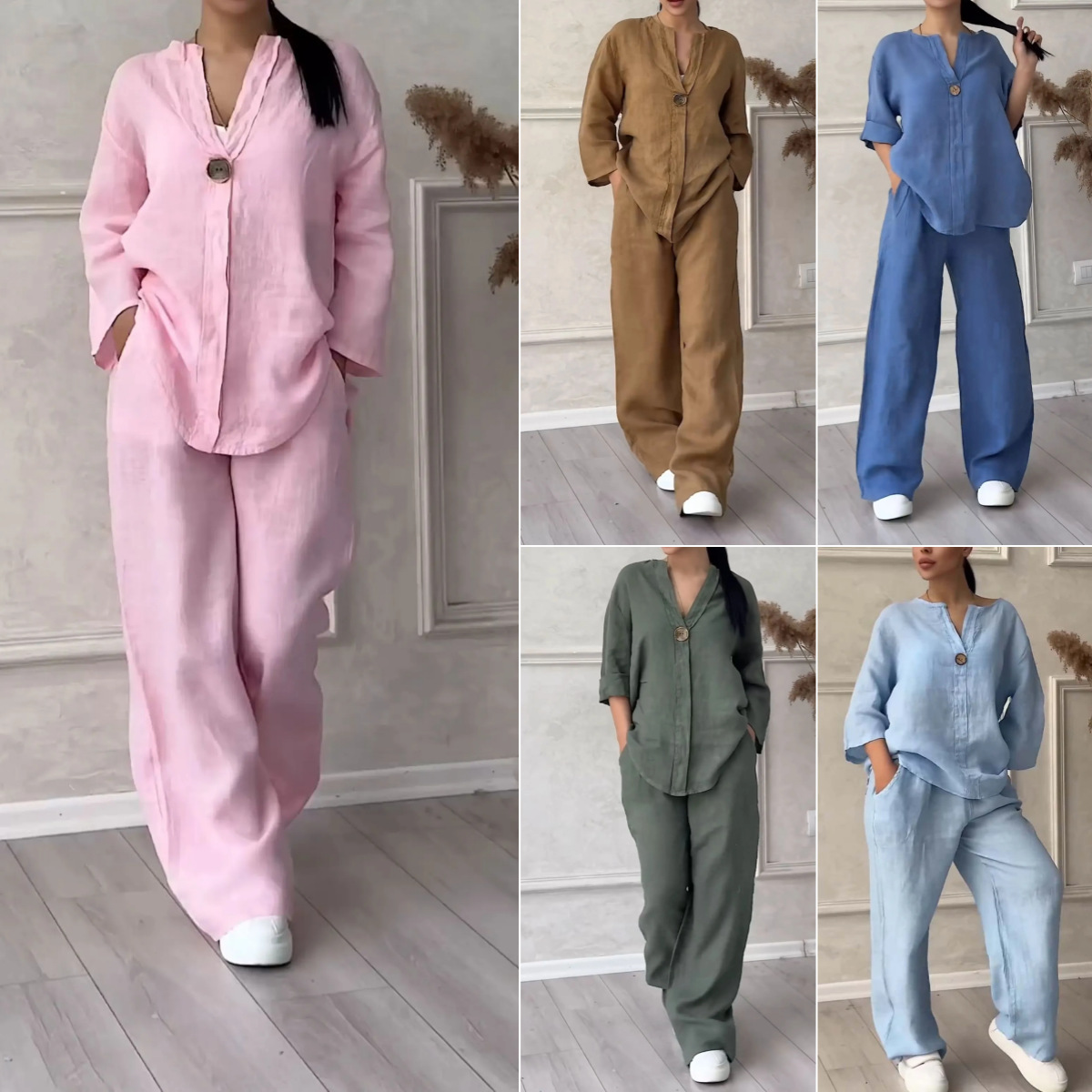 Linen Pant Wide - Sommer 2024 Damen Baumwoll-Leinen-Hemd-Set, Lose Weite