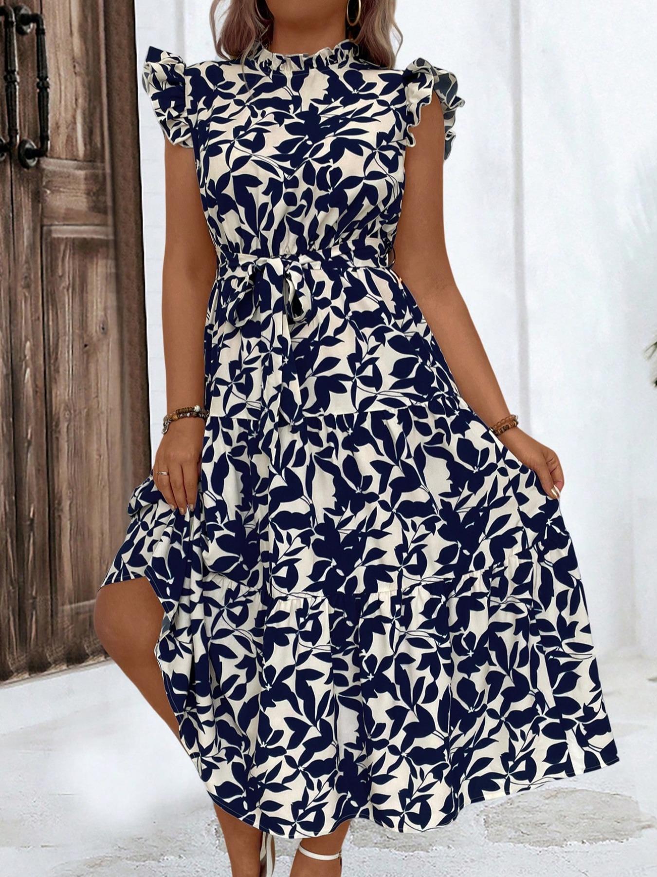 Romper Floral Print - Plus Size Blumendruck, gerüschtes Rüschenkleid mit