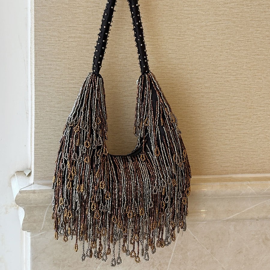 Tote Bag Beach - Modische Perlen-Handtasche mit Langen Quasten, Große