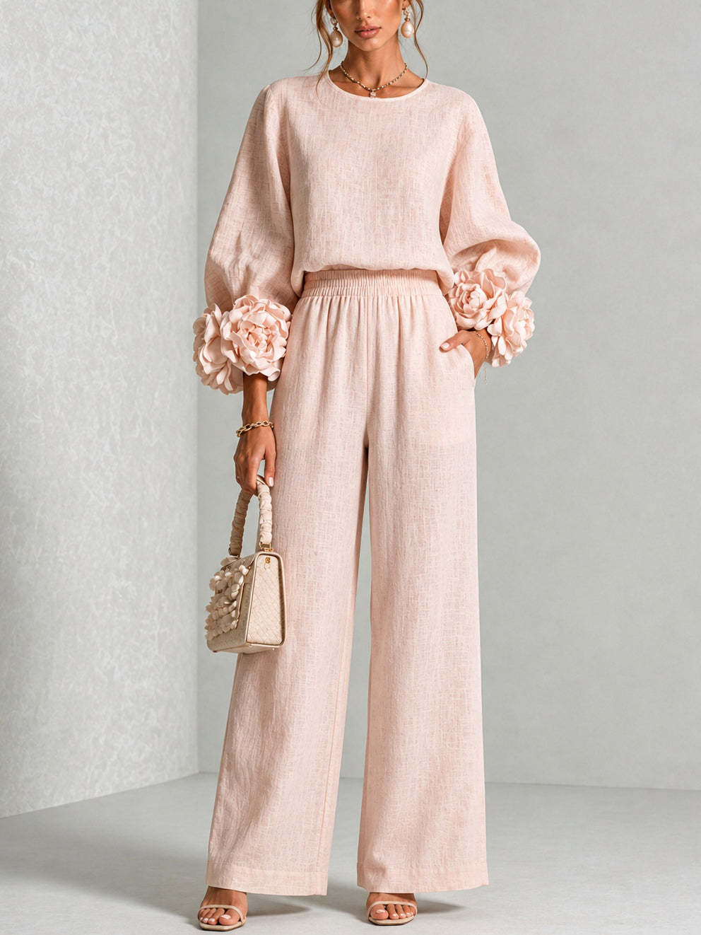 Linen Pant Wide - Damen 2-teiliges Leinen-Outfit O-Ausschnitt 3D-Blumen-Manschette Langarm-Oberteil