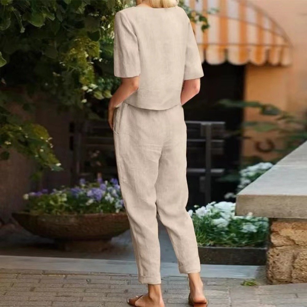 Linen Pant Wide - Halbärmeliger Damen-Baumwoll-Leinen-Anzug mit Rundhalsausschnitt und Weitem